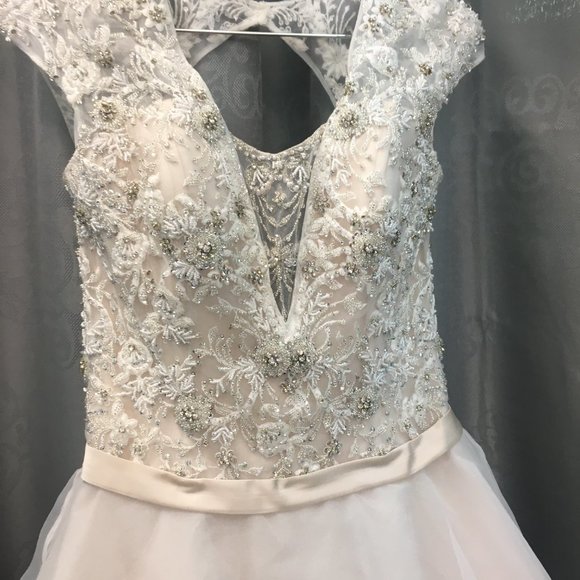 Stunning Aline Wedding Dress, Plunging Neck Open Back Blush Ballgown Keyhole - Picture 8 of 16